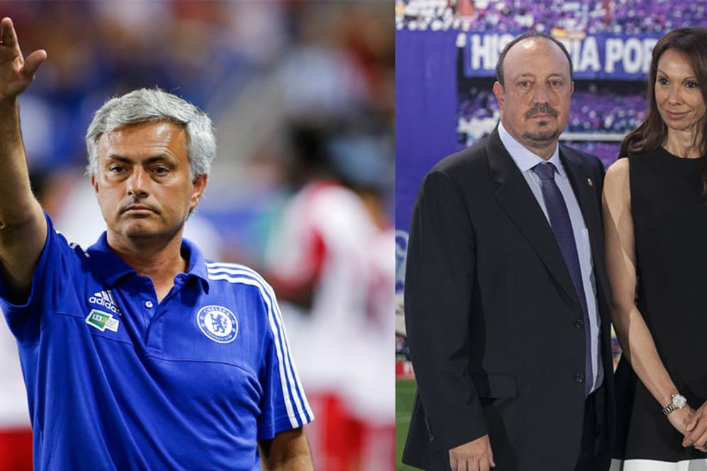 Chelsea-Coach José Mourinho (li.) und das Ehepaar Rafa und Montserrat Seara Benítez sind nicht die besten Freunde.