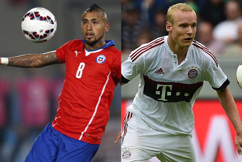 Der Chilene Arturo Vidal (li.) macht Bayerns Jungprofis wie Sebastian Rode (re.) das Leben schwer.
