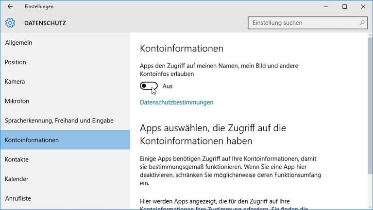 Bestimmte Apps greifen auf im Benutzerkonto zurückgelegten Daten zurück.
