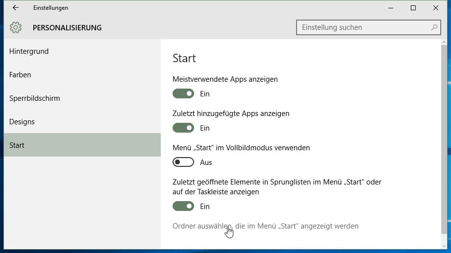 Im Reiter Start versteckt Windows die wichtigsten Schalter für das Startmenü.