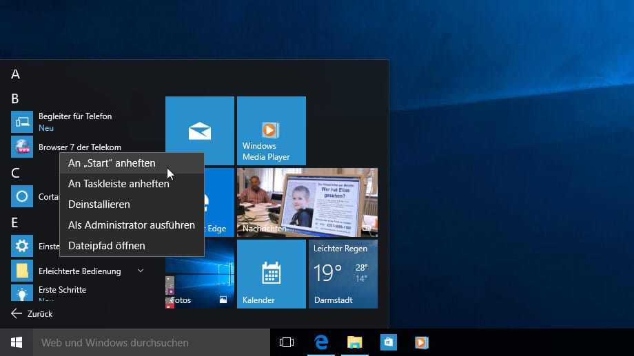 Startmenü von Windows 10 um Modern-Apps und klassische Programme erweitern.