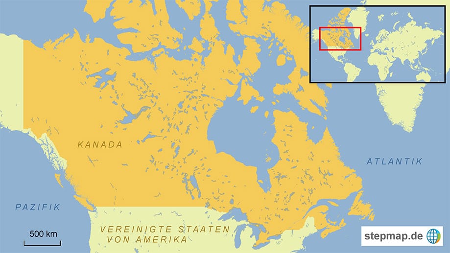 Auf dieser Karte ist gut zu sehen, dass Kanada viele Seen zu bieten hat.