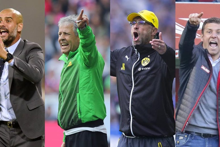 Trainiert Pep Guardiola (li.) auch 2016 den FC Bayern? Mit Lucien Favre (2.v.li.), Jürgen Klopp (3.v.li.) oder Markus Weinzierl (re.) gibt es illustre Nachfolge-Kandidaten.
