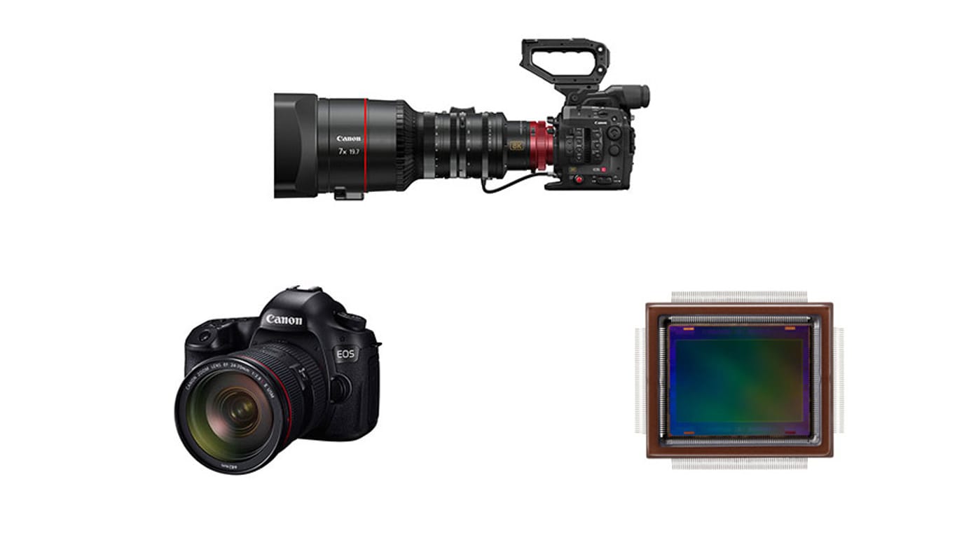 Eine Video-Kamera (oben), die in 8K filmt, ein Sensor mit 250 Megapixeln (rechts) und eine 120-Megapixel-Spiegelreflex – so stellt sich Canon die Kameras der Zukunft vor.