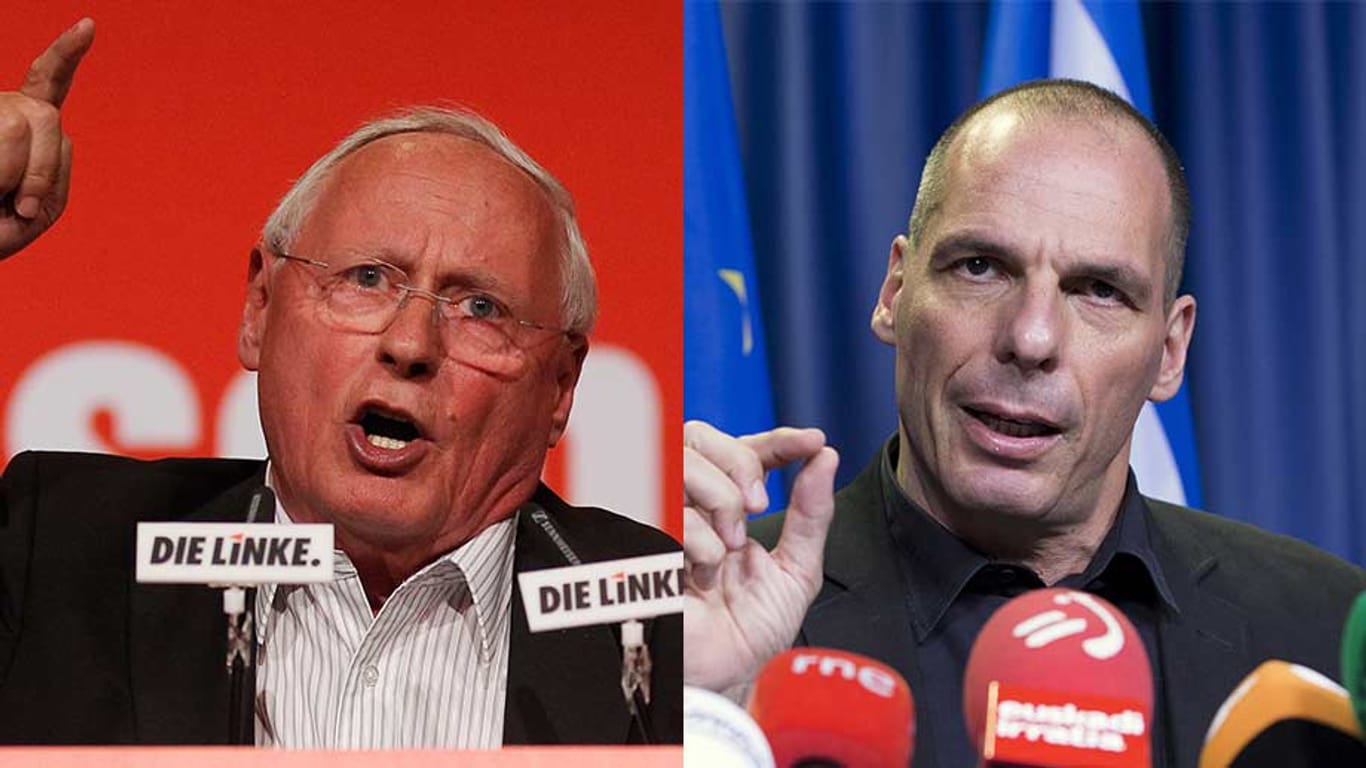 Oskar Lafontaine (li.) und Gianis Varoufakis sind Gegner der europäischen Finanzpolitik.