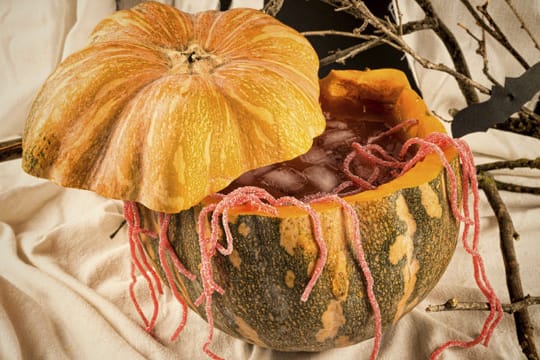 Ein ausgehöhlter Kürbis ist das ideale Gefäß für eine Halloween-Bowle.