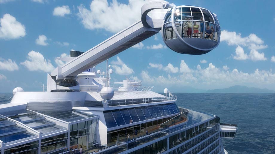 Die für Mai geplante "Ovation of the Seas" von Royal Caribbean Cruise Line fasst bis zu 4900 Gäste. An Bord sind Fallschirmsprung-Simulator, künstliche Surfwelle und Glaskugelkran in 90 Metern Höhe.