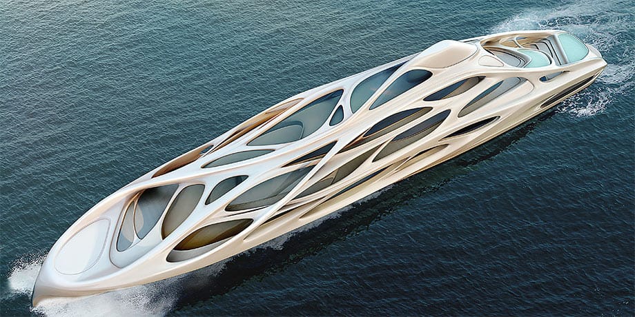 In Kooperation mit Blohm+Voss in Hamburg schuf Architektin Zaha Hadid, die bereits das "Aquatics Centre" der Olympischen Spiele in London gestaltete, das 124 Meter lange Konzept "Birdeye".