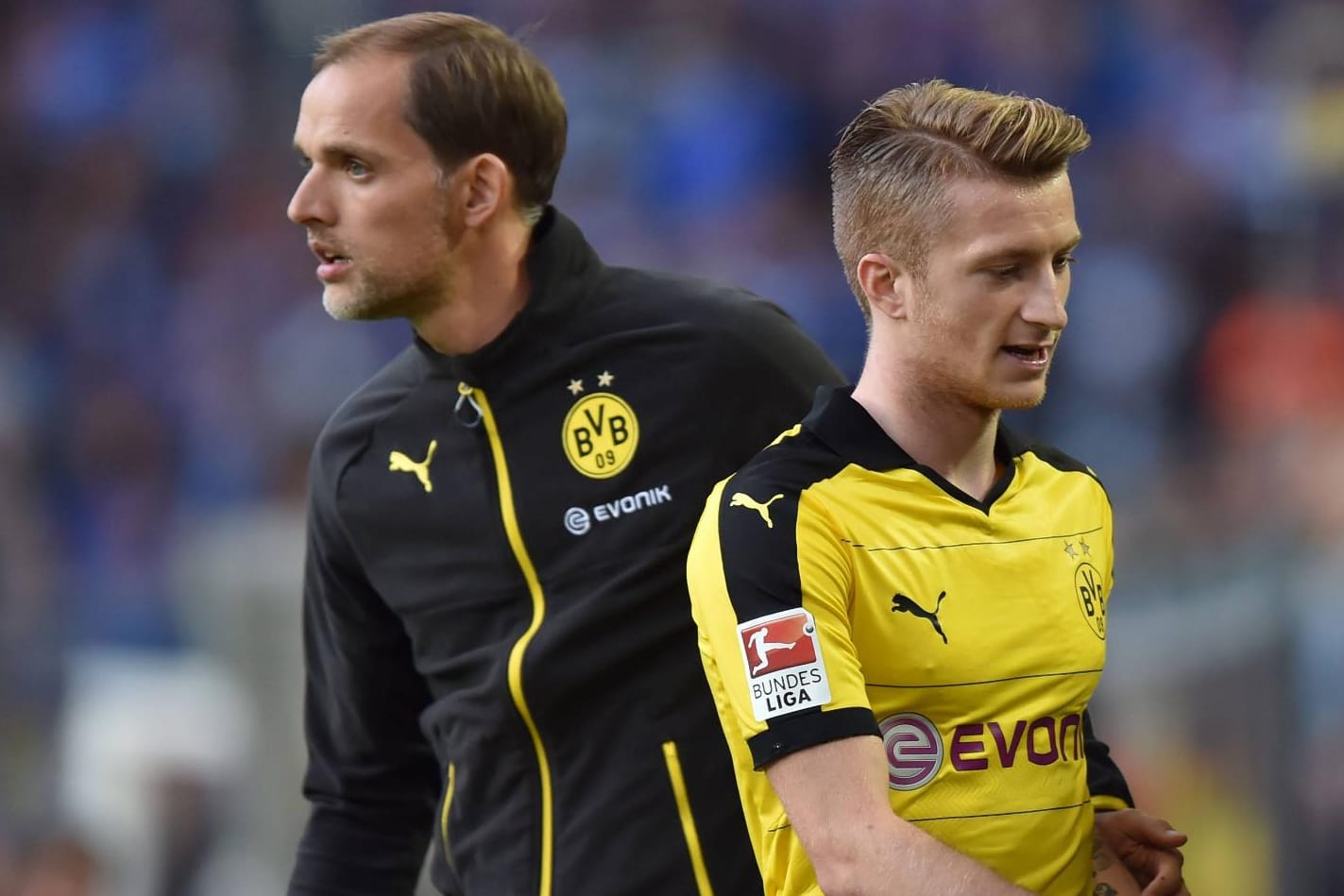Trainer Thomas Tuchel (li.) setzt Marco Reus vor allem auf der rechten Seite ein.