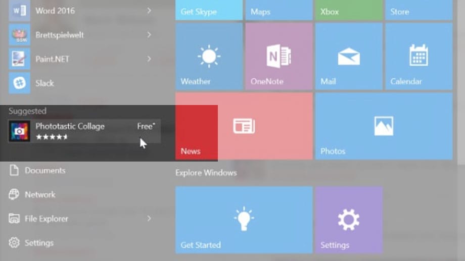 Das Startmenü in Windows 10 zeigt künftig Werbung für Apps an.