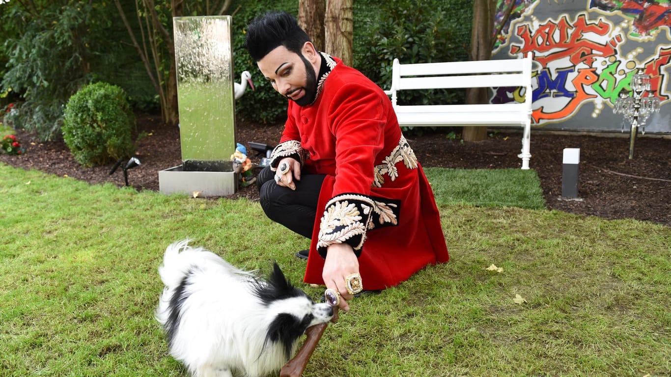 Kult-Designer Harald Glööckler spielt mit seinem Papillon-Hund Billy in seinem Garten.