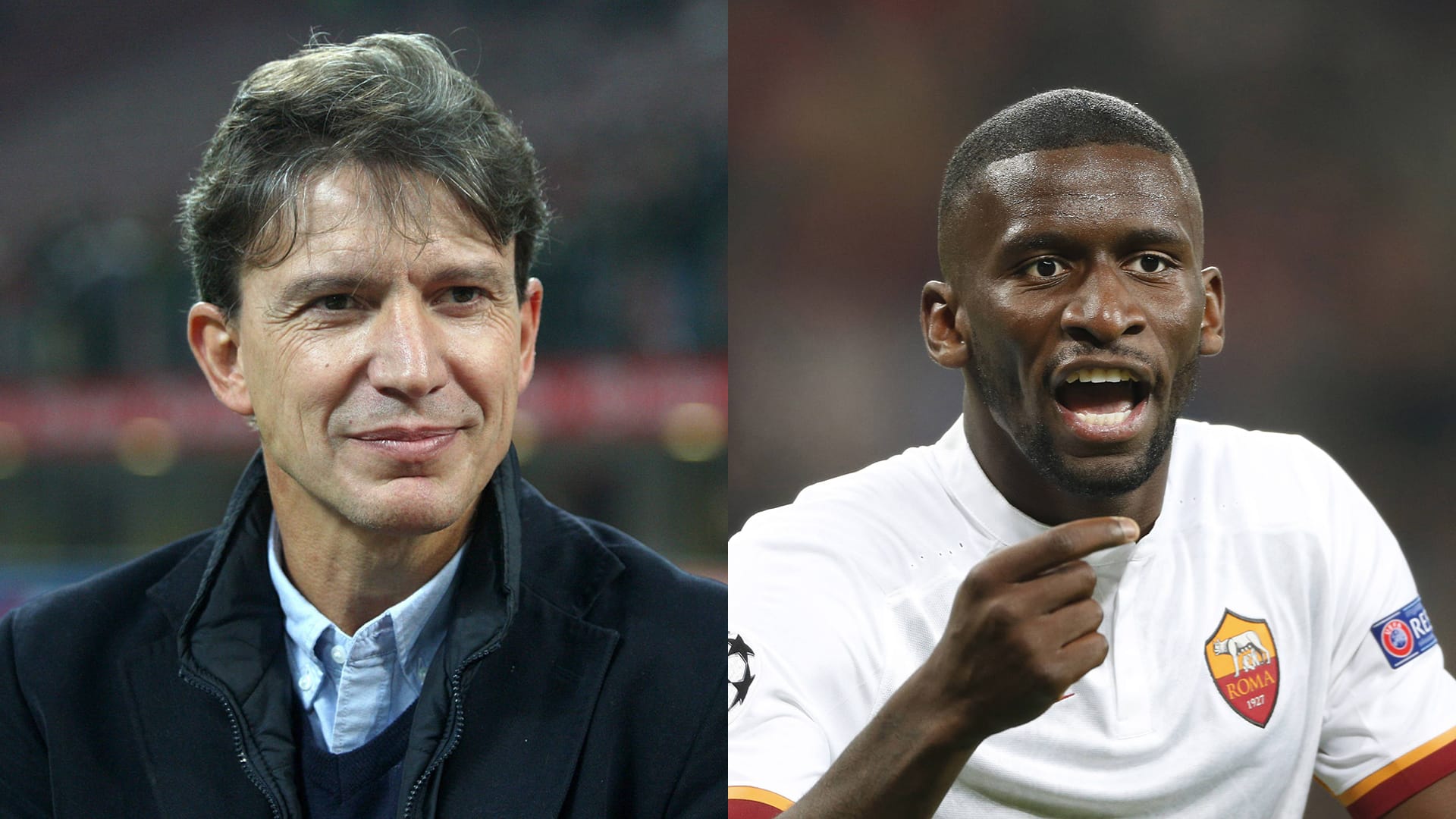 Stefano Eranio (li.) und Antionio Rüdiger, deutscher Nationalspieler in Diensten des AS Rom. Stefano Eranio (li.) und Antionio Rüdiger, deutscher Nationalspieler in Diensten des AS Rom.