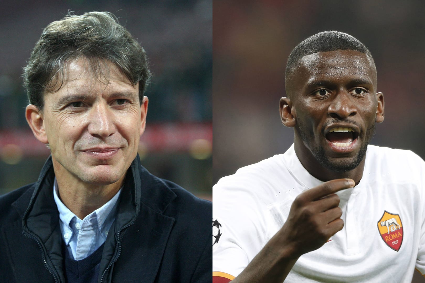 Stefano Eranio (li.) und Antionio Rüdiger, deutscher Nationalspieler in Diensten des AS Rom.