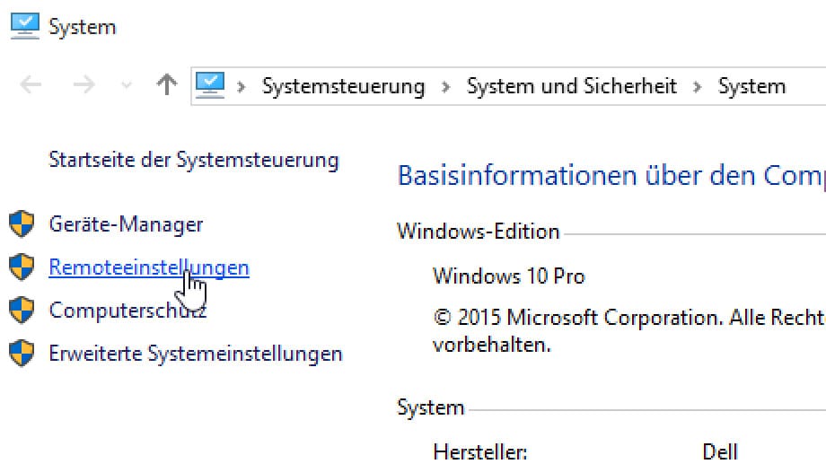 Remoteeinstellungen in Windows 10