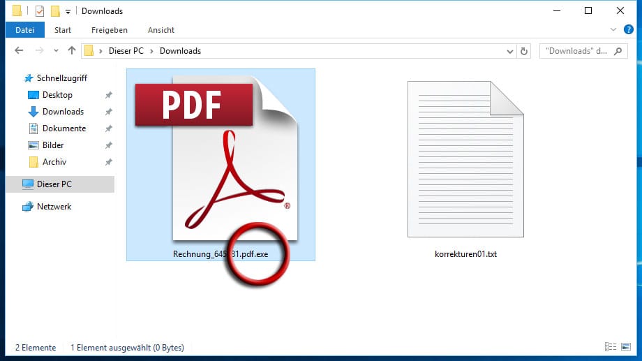 Eine als PDF getarnte ausführbare Programmdatei