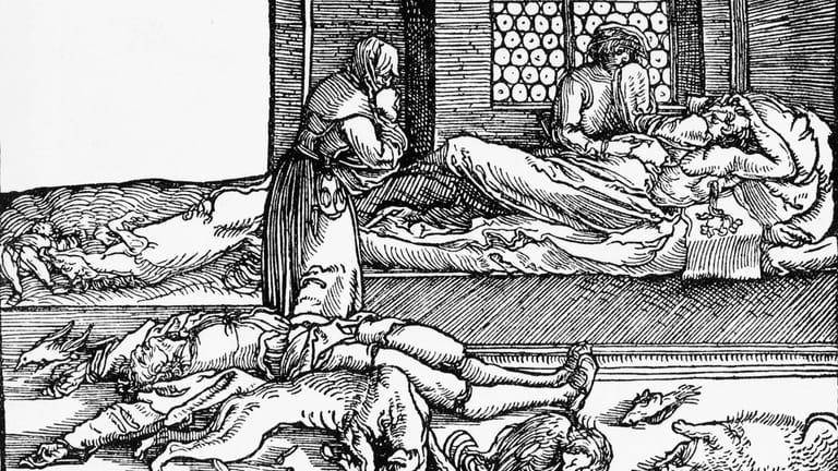 Die Pest raffte im Mittelalter und der frühen Neuzeit alleine in Europa Millionen dahin. Holzschnitt aus dem 16. Jahrhundert.