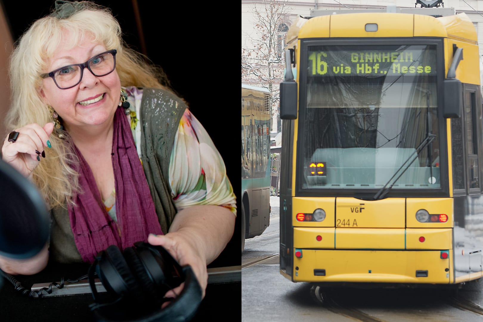 Sprecherin Ingrid Metz-Neun und der Ort, wo sie oft zu hören ist: die Straßenbahn.