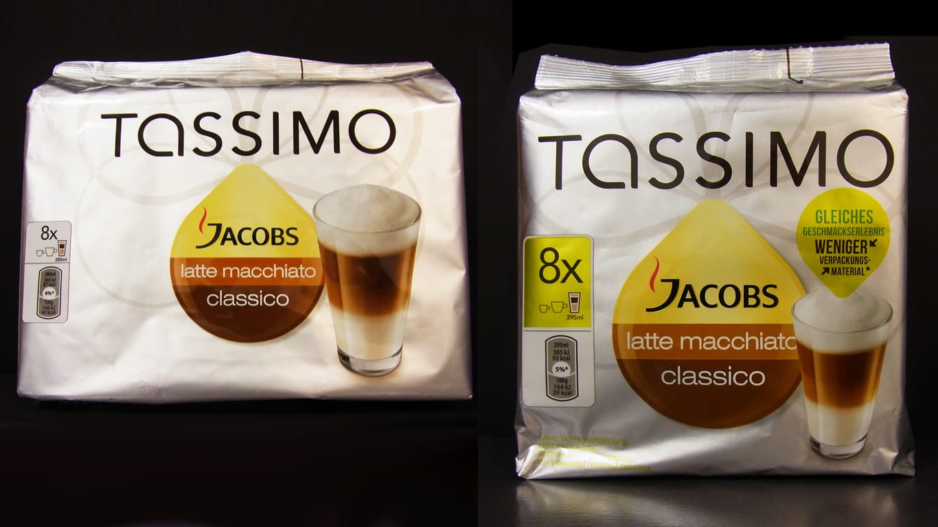 Der Packung des neuen "Latte macchiato classico" von Tassimo (rechts) hat im Vergleich zur alten nicht nur weniger Inhalt. Die Kapseln enthalten auch kein echtes Milchkonzentrat mehr.