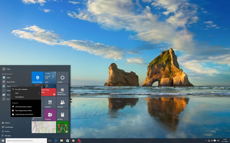 Auch das Startmenü hat Microsoft überarbeitet. Mit einem Rechtsklick auf eine App erscheinen nun Sprunglisten, über die sich etwa zuletzt geöffnete Office-Dokumente oder Internetseiten direkt ansteuern lassen.