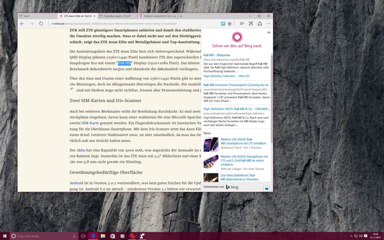 Wer Cortana nutzt, kann die Sprachassistentin nun auch nach Begriffen in PDF-Dokumenten fragen. Dazu muss die entsprechende Textstelle markiert und ein Rechtsklick ausgeführt werden. Mit einem Klick auf "Cortana fragen" erscheint eine Definition und/oder weiterführende Links. In unserem kurzen Test kam Cortana aber mit vielen PDFs nicht klar – womöglich liegt das ein dem Schreibschutz.