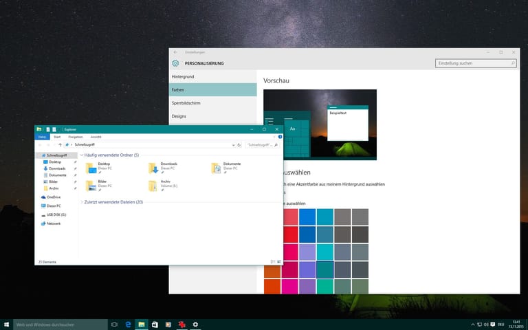 In Windows 10 lassen sich die einzelnen Fenster nicht immer gut auseinander halten. Microsoft nahm sich die Beschwerden zu Herzen. Unter "Einstellungen" -> "Personalisierung" -> "Farben" können Nutzer den Fenstern nun einen farbigen Rahmen verpassen. Zuvor muss jedoch der Schieberegler "Automatisch eine Akzentfarbe aus meinem Hintergrund erfassen" deaktiviert werden.