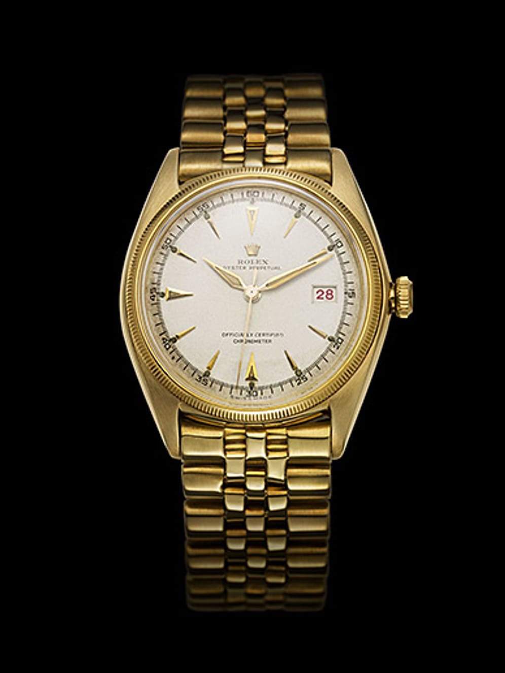 Diese Uhr ist eine Legende: Die goldene Rolex Datejust aus dem Jahr 1945 war die erste Armbanduhr mit automatisch wechselnder Datumsanzeige. Sie genießt den vielleicht höchsten Wiedererkennungswert bei Armbanduhren und wird heute unter Sammlern für über 20.000 Euro gehandelt.