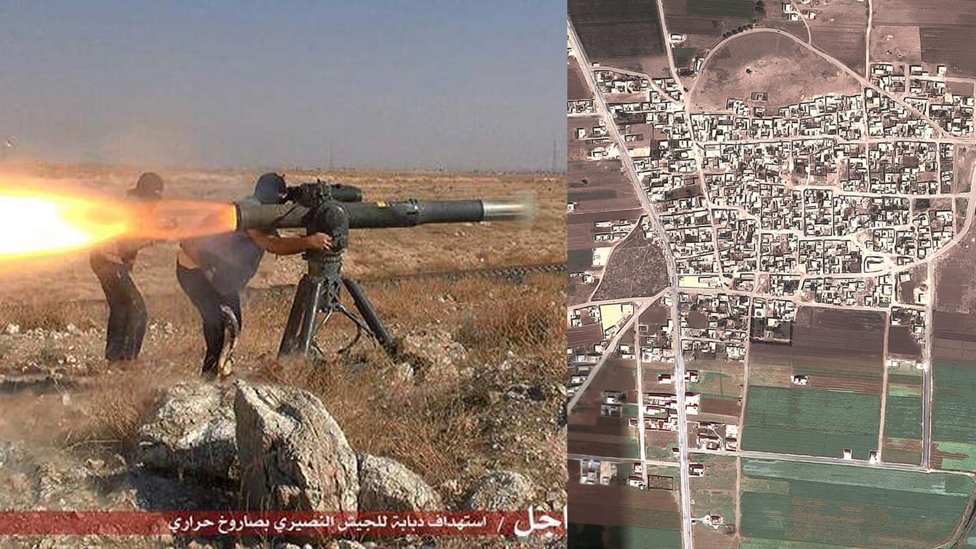 Links IS-Kämpfer im Gefecht - rechts das Dorf Dabiq aus der Satelliten-Perspektive.