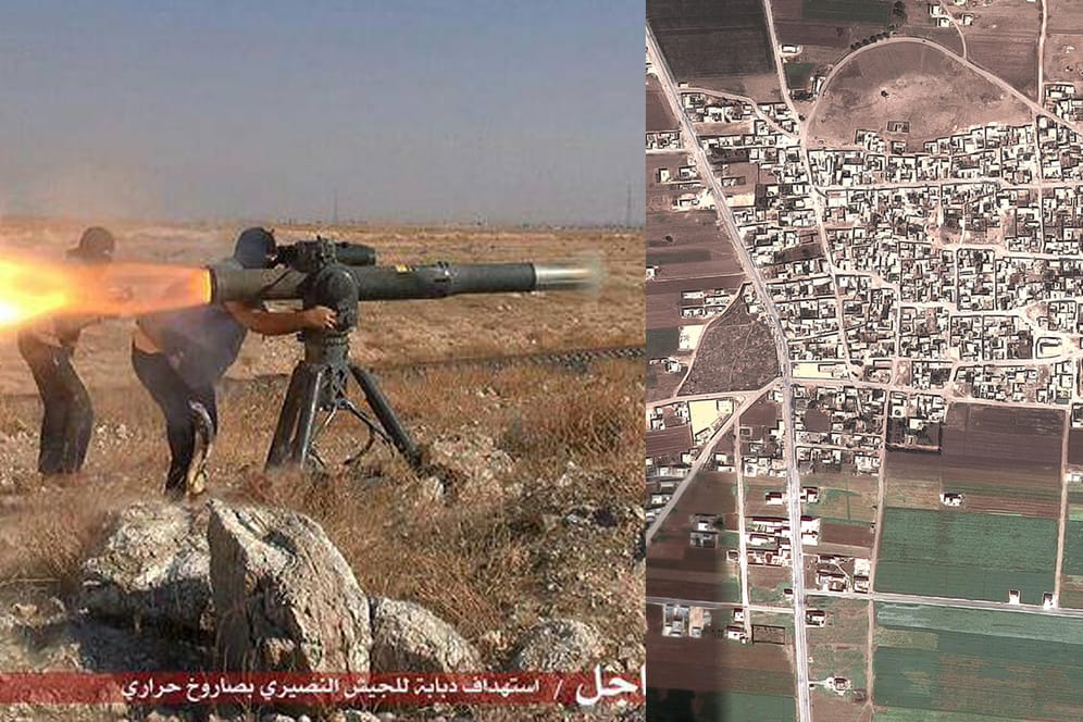 Links IS-Kämpfer im Gefecht - rechts das Dorf Dabiq aus der Satelliten-Perspektive.