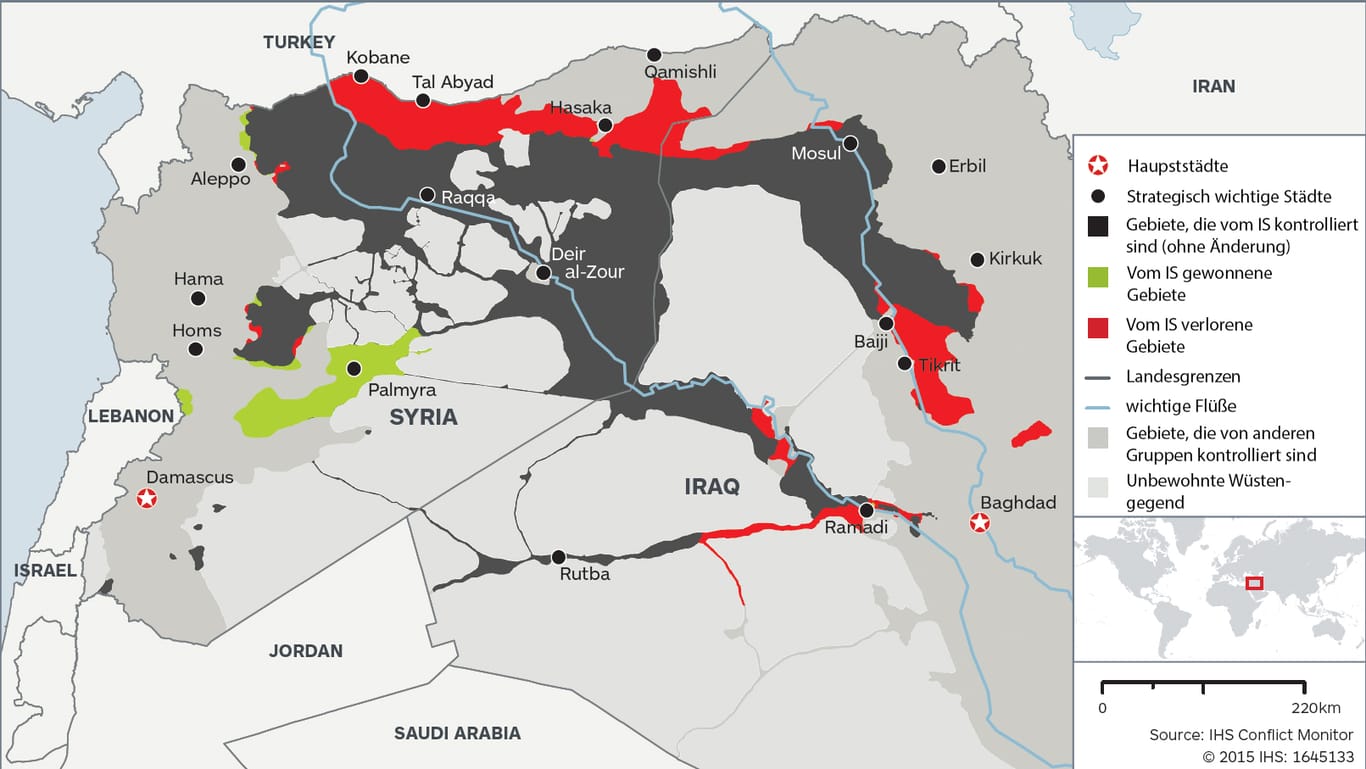 Rot auf der Karte: Diese Gebiete hat der IS 2015 verloren.