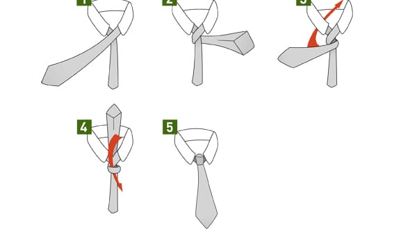 Für den "Four-in-Hand" lassen Sie beide Enden vorne herunterhängen. Das schmale Ende sollte etwas kürzer sein als das breite. Nun schlagen Sie das breite Ende über das schmale, führen es darunter hindurch und legen es über das schmale Ende. Ziehen Sie es nun hinter dem halben Knoten nach oben Richtung Kinn hindurch und danach von oben durch die entstandene Schlaufe. Halten Sie das schmale Ende fest und ziehen den Knoten in Form - fertig.