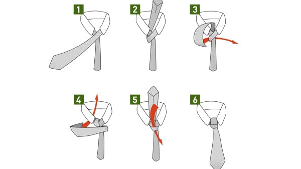 Der einfache Windsorknoten eignet sich perfekt für Hemden mit Button-down Krägen. Legen Sie sich die Krawatte bei hochgestelltem Hemdkragen um und kreuzen Sie die beiden Enden. Das breite Ende sollte 30 Zentimeter unter dem schmalen Ende hängen.