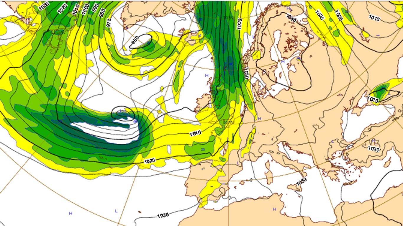 Vorhersagekarte des Luftdrucks für Mittwochfrüh: Ein extremes Tiefdruckgebiet im Nordatlantik saugt milde Luft aus Süden zum Nordpol.