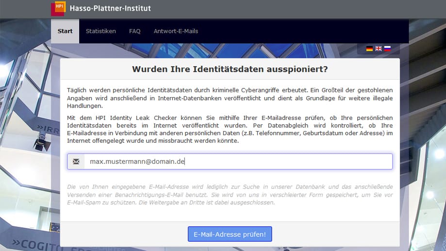 Öffnen Sie die Internetseiten https://sec.hpi.de/leak-checker und geben Sie dort Ihre E-Mail-Adresse ein