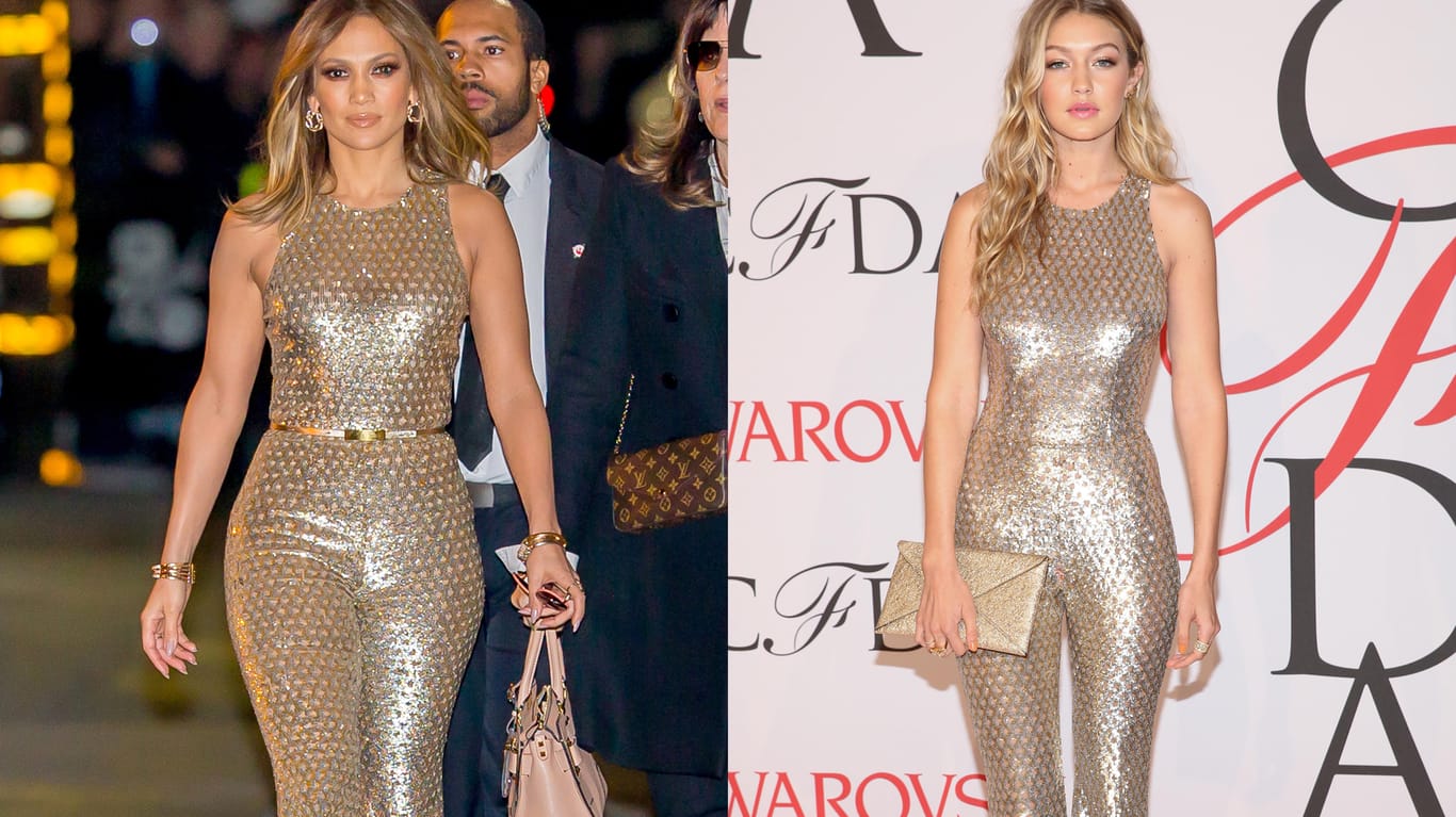 Sängerin Jennifer Lopez und Model Gigi Hadid im gleichen Outfit.