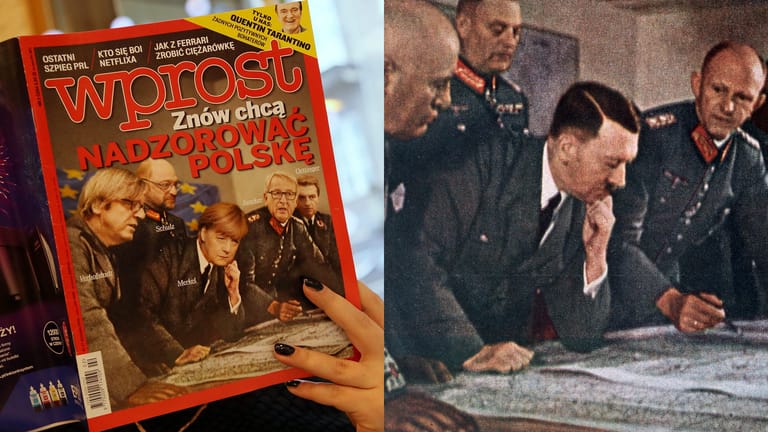 Adolf Hitler mit Benito Mussolini, Feldmarschall Wilhelm Keitel und General Alfred Jodl - in diese Pose hat die polnische Zeitung "Wprost" führende Köpfe der EU montiert.