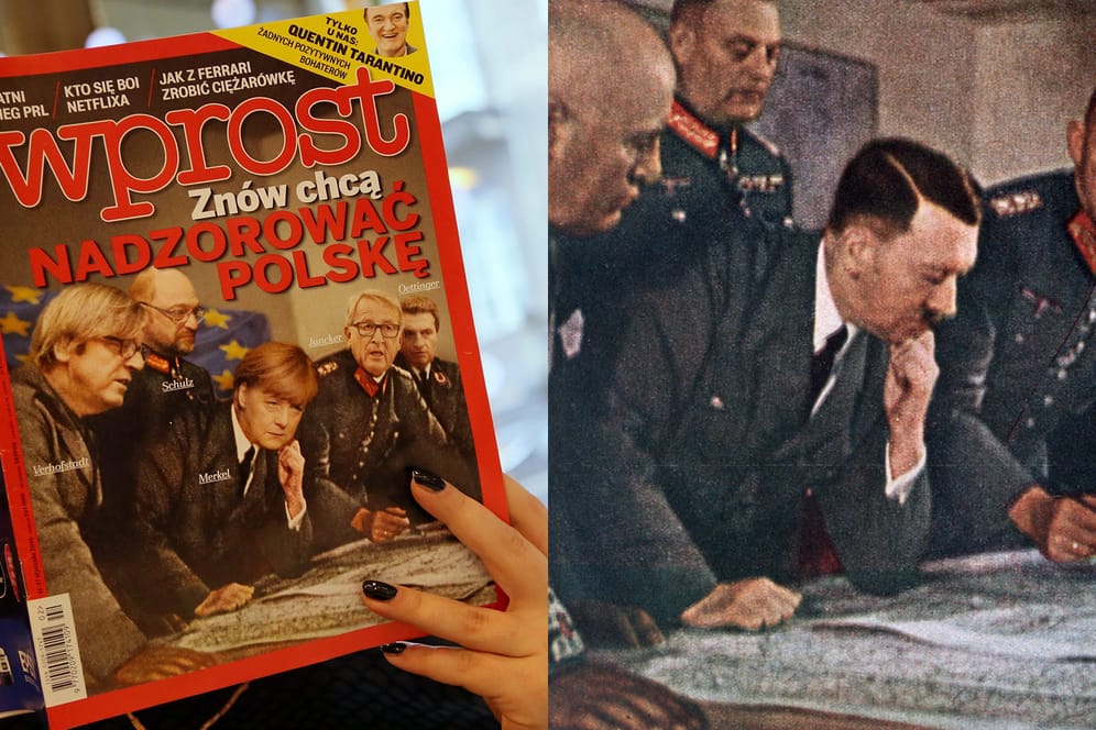 Adolf Hitler mit Benito Mussolini, Feldmarschall Wilhelm Keitel und General Alfred Jodl - in diese Pose hat die polnische Zeitung "Wprost" führende Köpfe der EU montiert.