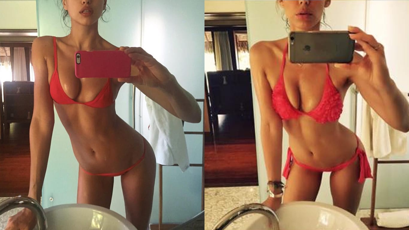 Dieselbe Pose, ein ähnlicher Bikini und das gleiche Badezimmer: Die Ähnlichkeit der Fotos von Supermodel Irina Shayk (l.) und Moderatorin Annemarie Carpendale ist verblüffend.