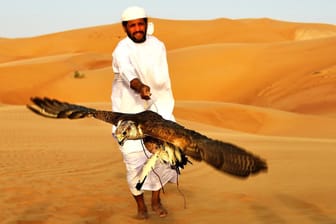 Ein Falkner im Emirat Abu Dhabi mit seinem ganzen Stolz.