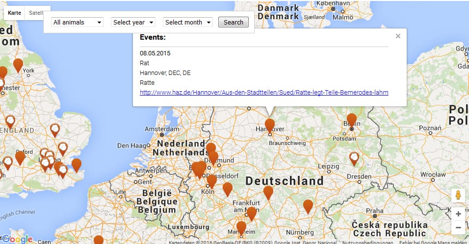 Auch für Deutschland weist die Karte auf Cybersquirrel diverse Stromausfälle aus.