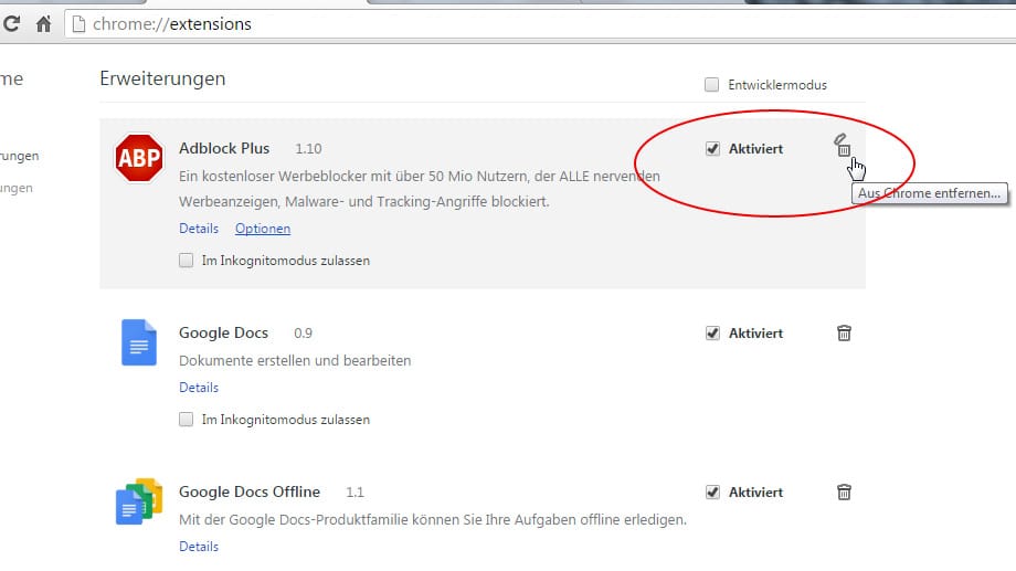 Adblocker in Chrome deaktivieren, 3. Schritt