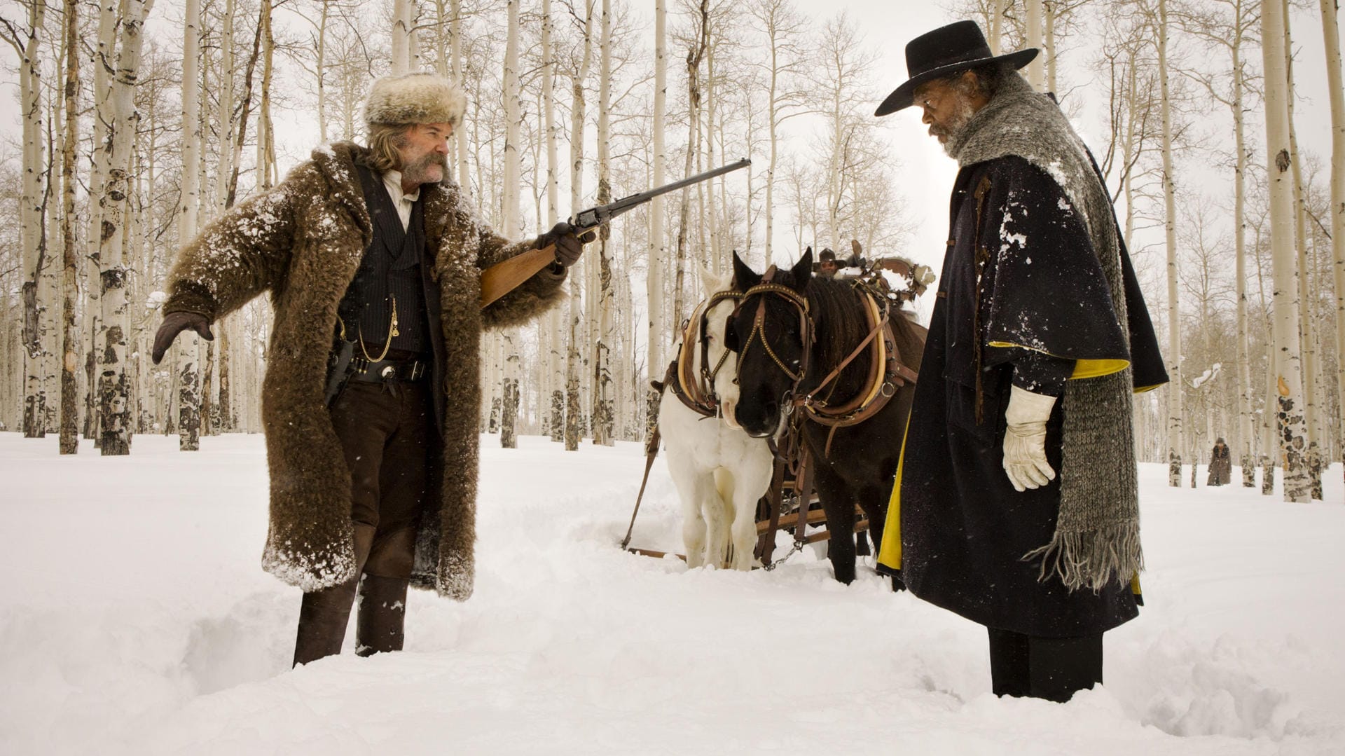 Quentin Tarantinos "The Hateful 8": Kurt Russell als John Ruth und Samuel L. Jackson als Major Marquis Warren.