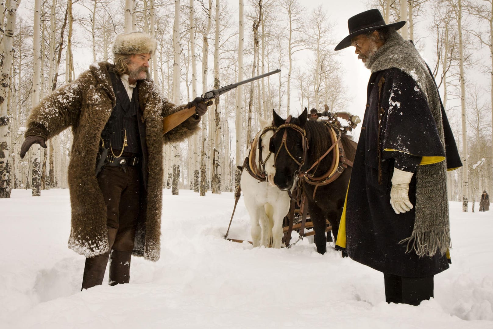 Quentin Tarantinos "The Hateful 8": Kurt Russell als John Ruth und Samuel L. Jackson als Major Marquis Warren.