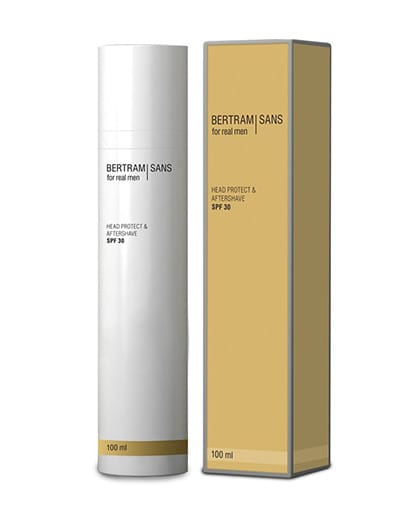 Sonnenschutz für Kahlköpfe: Die fettfreie Aftershave-Lotion mit LSF 30 von Bertram | Sans (um 46,50 Euro) schütze die empfindliche Kopfhaut.