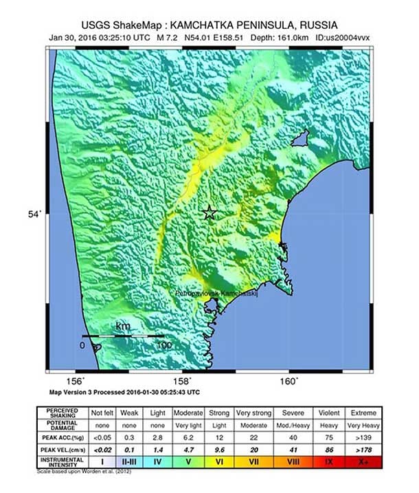 Die Karte der US-Erdbebenwarte USGS zeigt die Erdbebenregion und die Stärke der Erschütterungen.