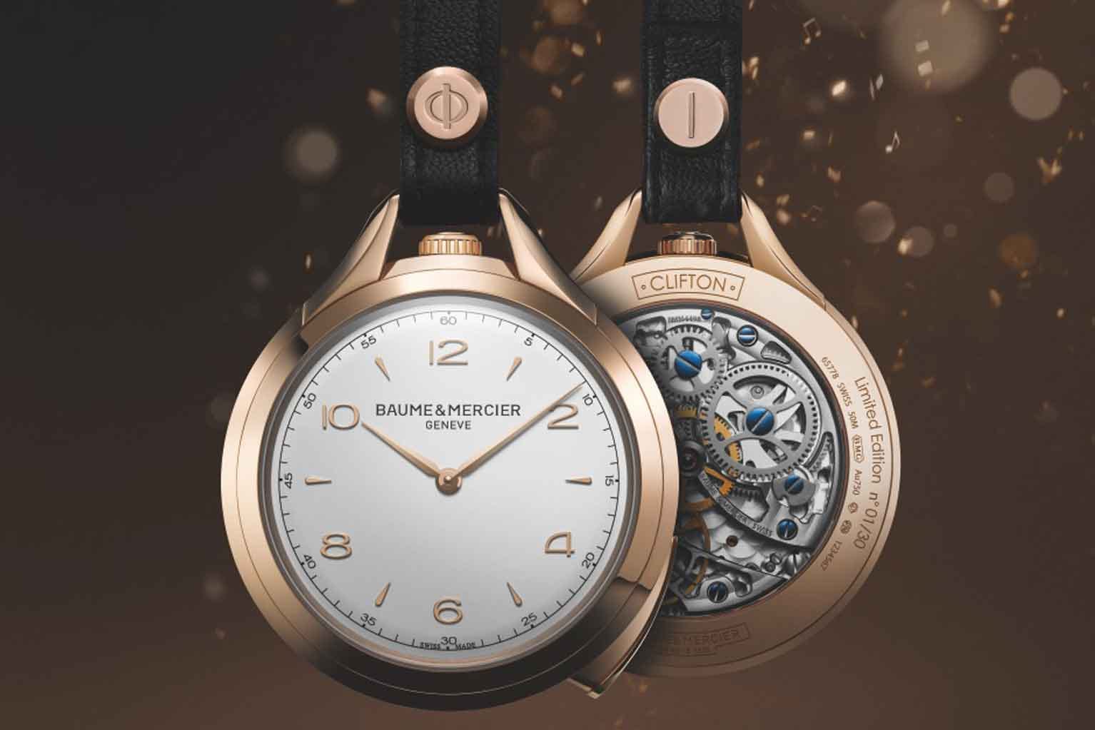 Als wahres Meisterwerk der Haute Horlogerie ist die Clifton 1830 Taschenuhr mit 5-Minuten-Repetition aus 18 Karat Rotgold von der Vielfalt der historischen Uhren inspiriert, die Baume & Mercier im 19. Jahrhundert schuf. Sie ist auf 30 Stück limitiert. Kostenpunkt: Rund 46.000 Euro.