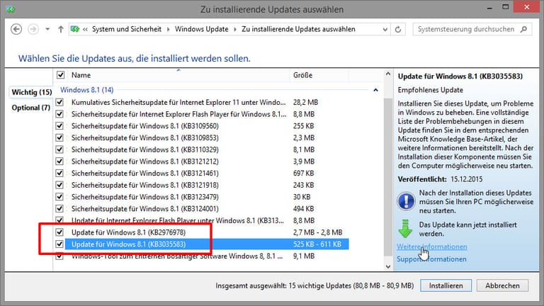 Windows listet Sicherheitsupdates und sogenannte "empfohlene Updates" untereinander auf.