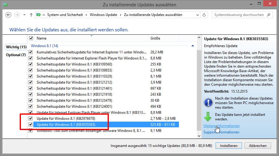 Windows listet Sicherheitsupdates und sogenannte "empfohlene Updates" untereinander auf.