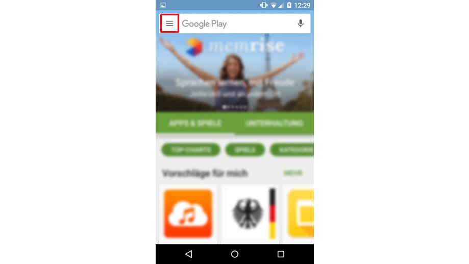 Es öffnet sich die Startseite des Play Stores. In der oberen Leiste tippen Sie auf das rot eingerahmte Menüsymbol.