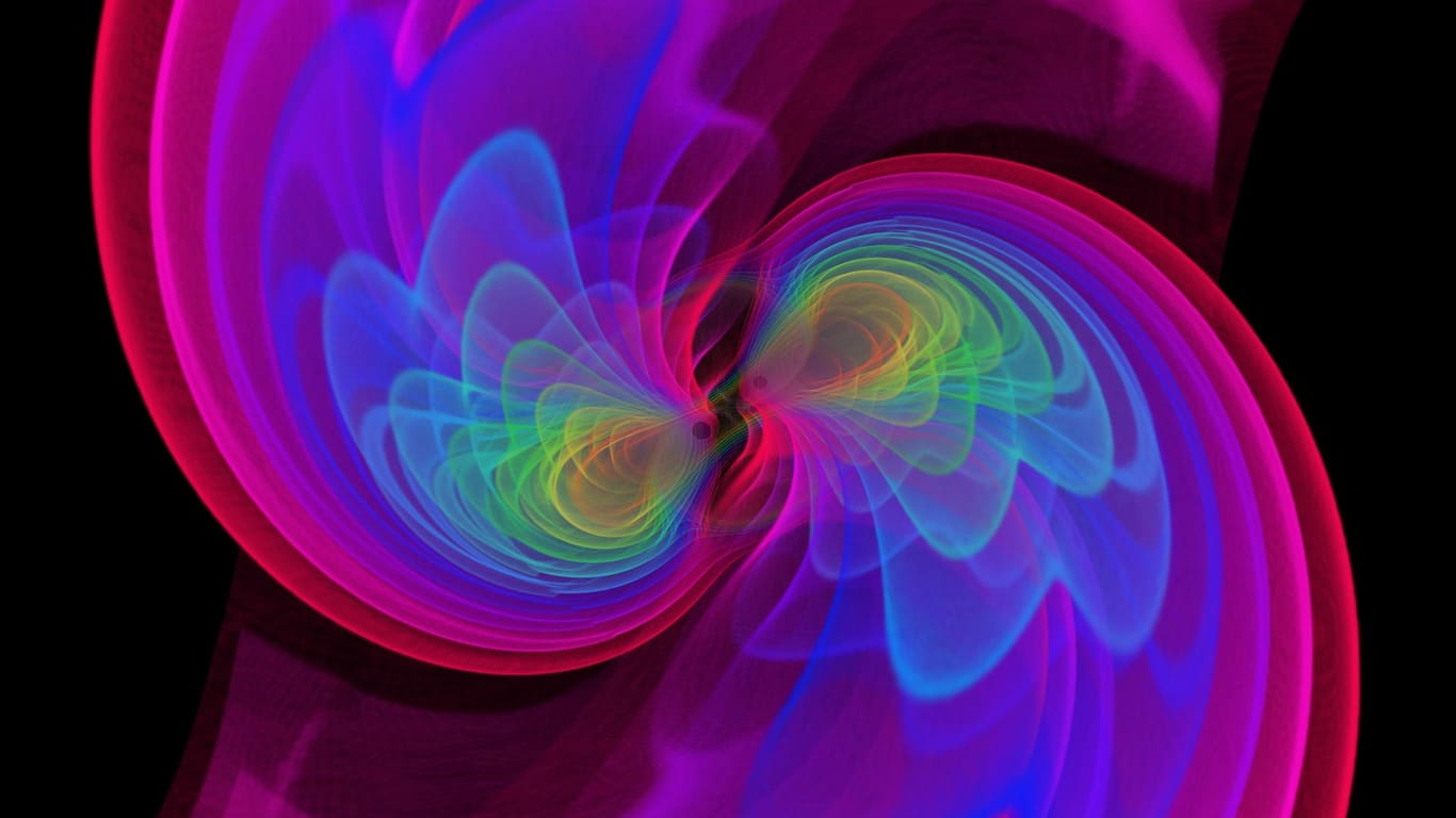 Numerische Simulationen visualisieren, wie zwei Schwarze Löcher verschmelzen - unter Abstrahlung von Gravitationswellen.