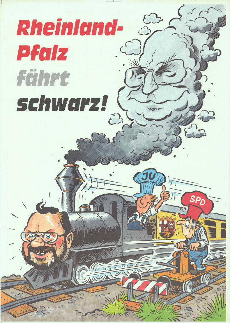 Karikaturen waren früher häufiger auf Wahlplakaten zu finden. Mit diesem Plakat wollte die Junge Union 1996 die Mutterpartei CDU in Rheinland-Pfalz unterstützen. Die "Lokomotive Gerster" sollte der SPD davon stürmen.